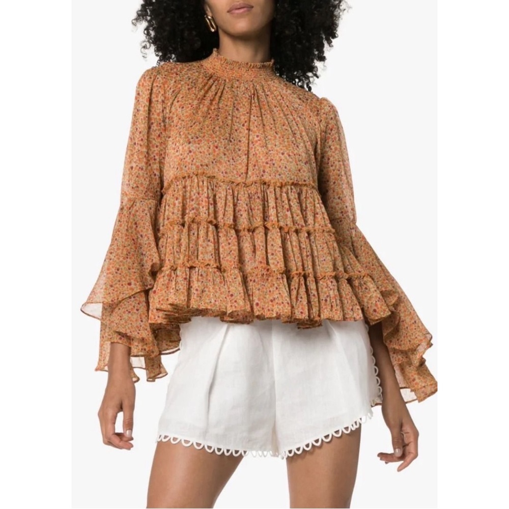 Women’s Small BY TIMO Revolve‎ Floral Tiered Ruffle Sheer Blouse Top